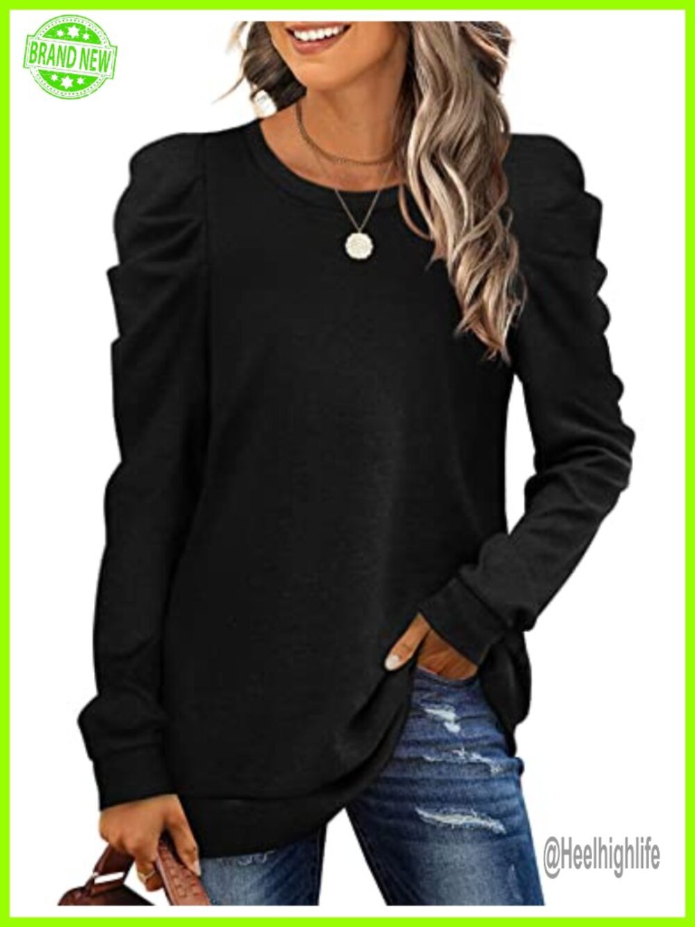 Puff Sleeve Crew Neck Pullover Sweatshirt Loose Fit Long Sleeve Top